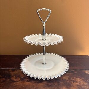 Fenton Silver Crest Tiered White Ruffled Tidbit Dessert Stand with Silver Handle